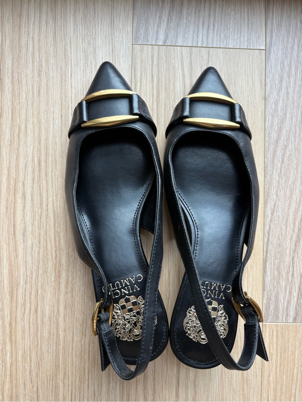 Black Pointed Slingback Flats with Gold Buckle - Picture 5 of 5